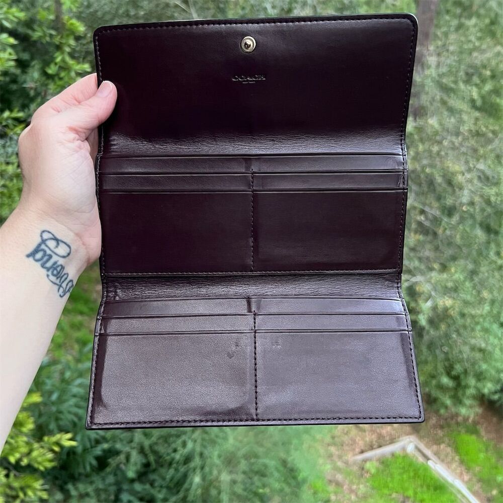 COACH VINTAGE Trifold Pebbled Leather Wallet Oxblood Brn/Purple w Gold Hardware - Picture 3 of 6